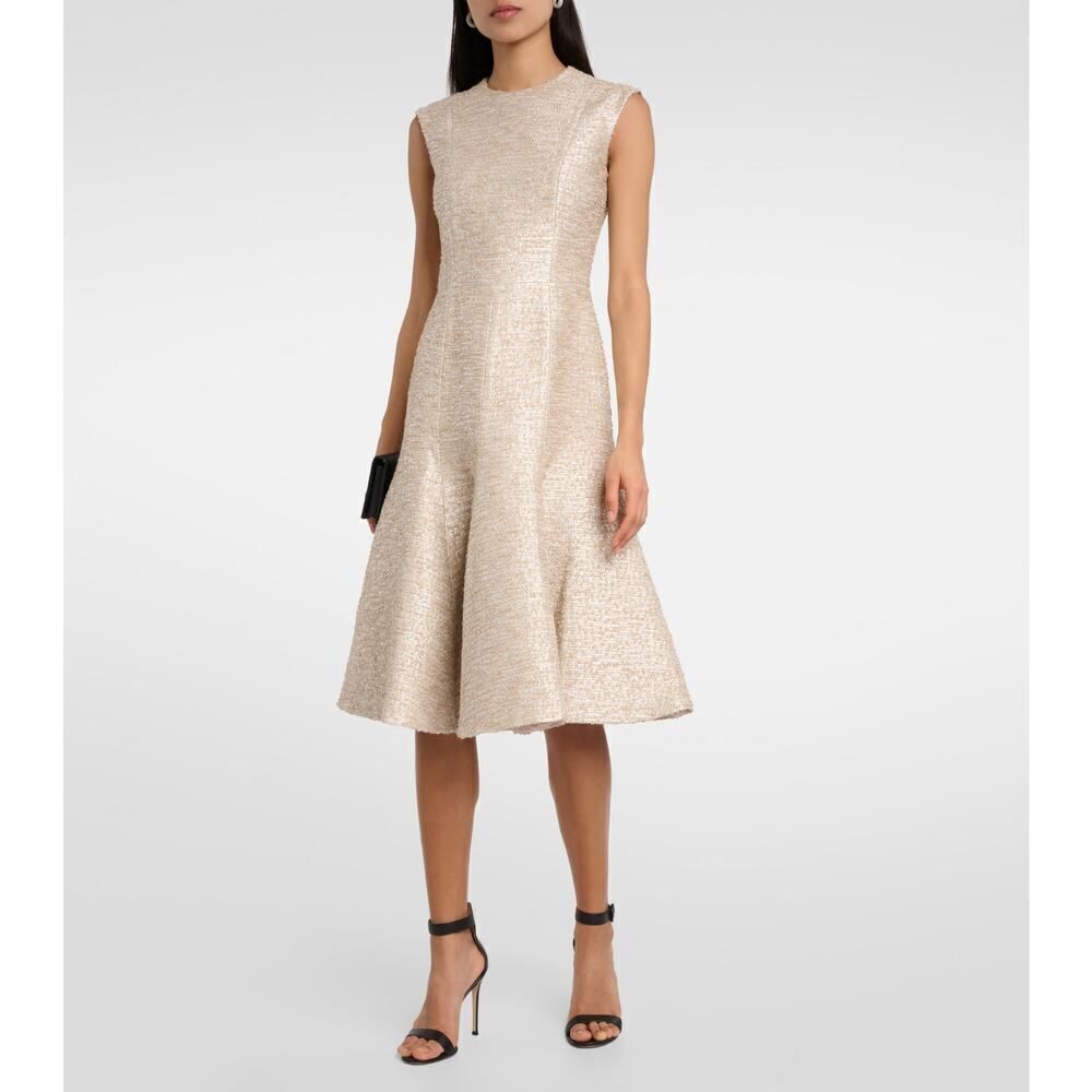 Emilia Wickstead DENVER DRESS IN BEIGE AND SILVER JACQUARD TWEED US6
